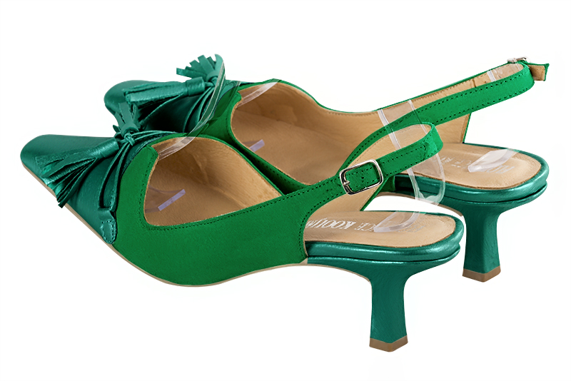 Emerald green women's open back shoes, with a knot. Tapered toe. Medium spool heels. Rear view - Florence KOOIJMAN